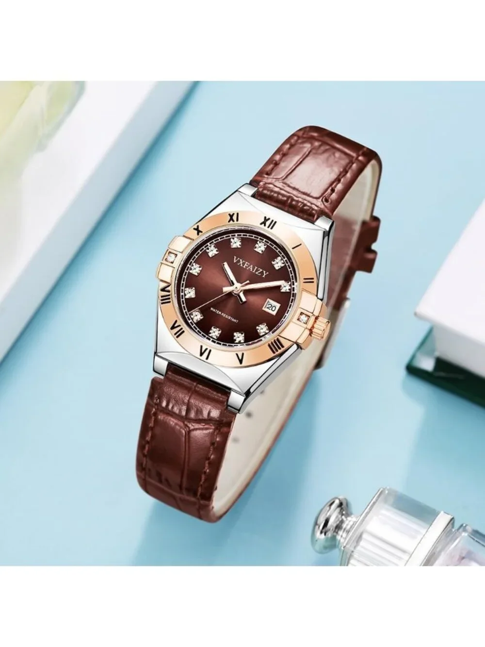 Women's Silver Brown Crystal Diamond Dial Genuine Leather Strap Wrist Watches